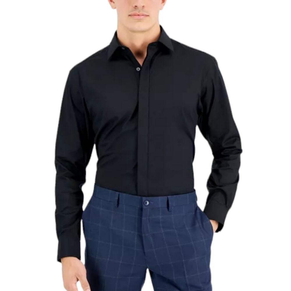 Alfatech By Alfani Shirt Mens Size Medium (15-15 1/2) Black Long Sleeve Button